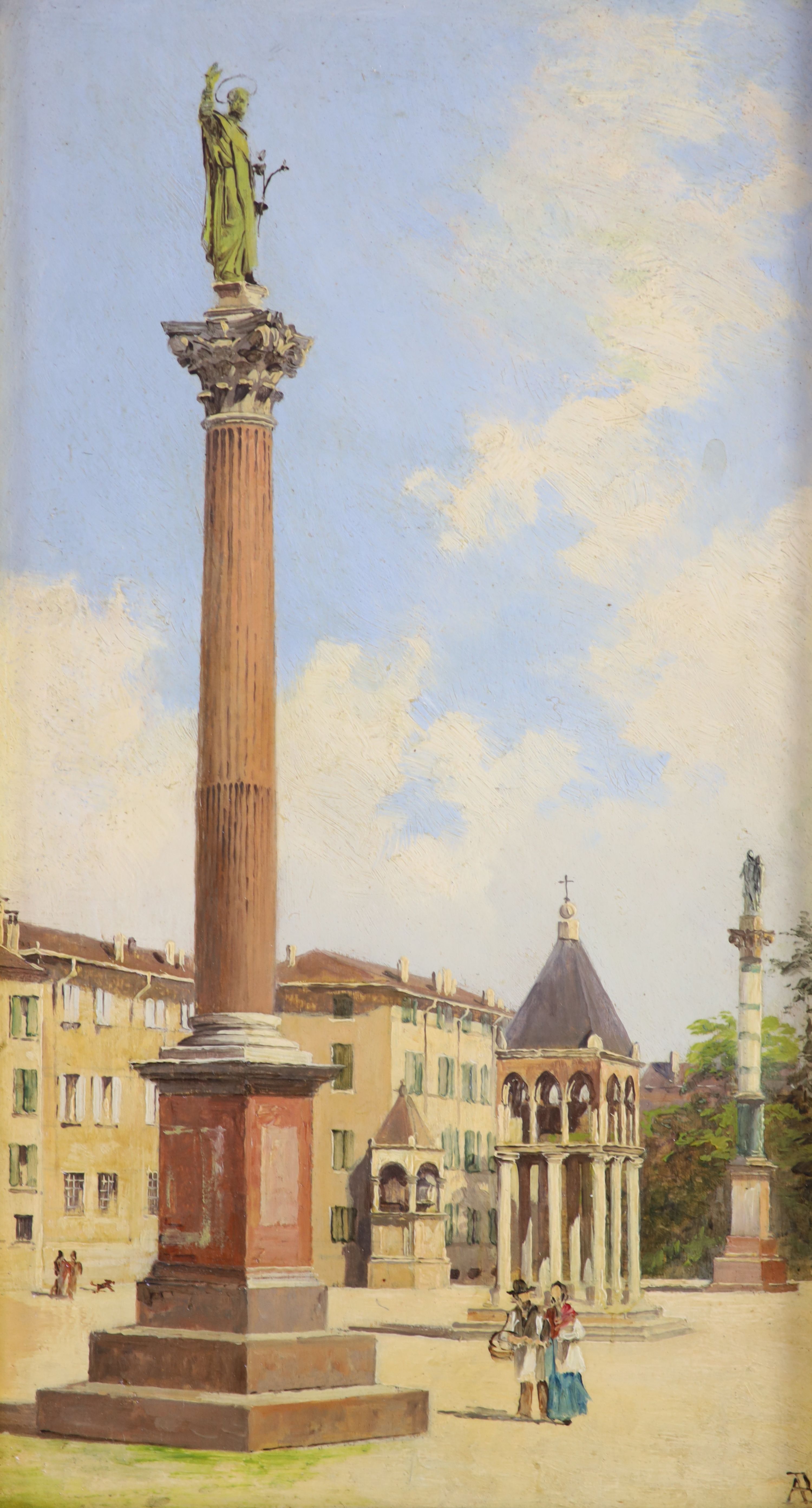 Antoinetta Brandeis (Italian, 1849-1926), Piazza San Domenico, Bologna & Triumphal Arch, pair of oils on board, 24 x 12.75cm